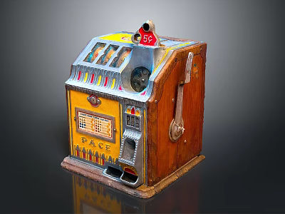 Vintage PACE Slot Machine With 5 Cent Sign Wooden Structure And Colorful Decorations 3d model