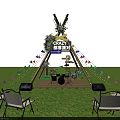 Garden Landscape Featuring Teepee Structure String Lights Bunting Flags Lawn Chairs and Stage Decorations 3d model