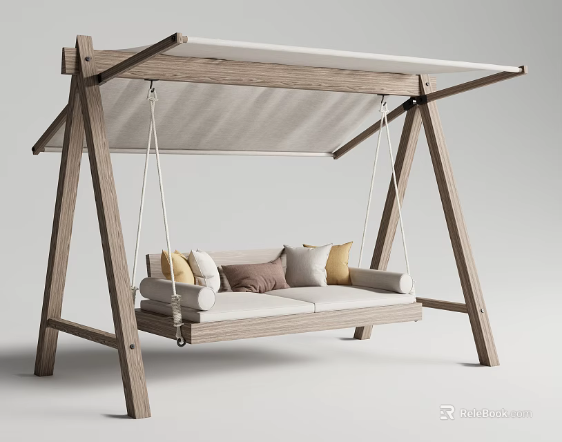 Wooden Outdoor Swing Chair With Canopy And Sofa Style Soft Cushions 3d model 