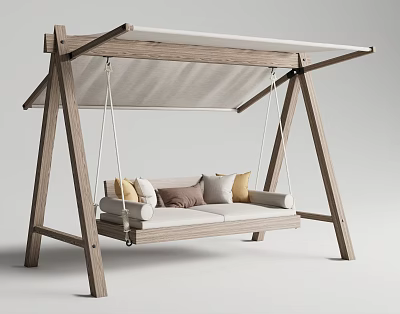 Wooden Outdoor Swing Chair With Canopy And Sofa Style Soft Cushions 3d model
