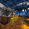 Modern Café Interior Design With Colorful Chairs Hanging Lights Wooden Floor And City Night View
