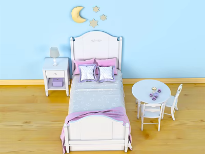 White Kids Bed with Pink Pillows Moon Star Wall Decor Nightstand Lamp Small Table Chair 3d model