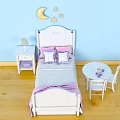 White Kids Bed with Pink Pillows Moon Star Wall Decor Nightstand Lamp Small Table Chair
