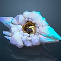 3D Rendered Decorative Crystal Structure With White Blue Geometric Shapes And Golden Spiral Center