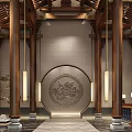 Chinese Style Hotel Lobby Featuring Wooden Beams Intricate Carvings And Circular Decorative Panel