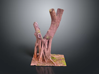 Natural Wood Stump Sculpture With Exposed Roots And Moss On Square Base 3d model