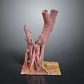 Natural Wood Stump Sculpture With Exposed Roots And Moss On Square Base