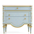 Light Blue Bedside Table With Gold Accents And Elegant Carved Drawers Design