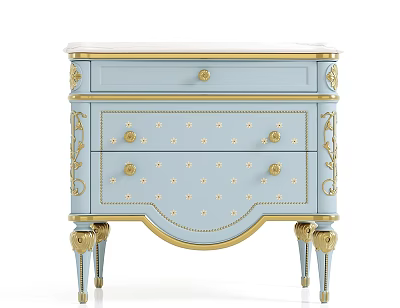 Light Blue Bedside Table With Gold Accents And Elegant Carved Drawers Design 3d model