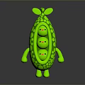 Cute Green Cartoon Pea Pod Character With Three Little Peas Round Dots And Leafy Top