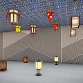 Lamp Combination With Blue Patterned Ceiling And Various Colored Hanging Floor Lamps 3d model