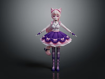 Game Movie Character With Pink Hair Cat Ears White Top Purple Dress And Bows 3d model