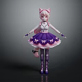 Game Movie Character With Pink Hair Cat Ears White Top Purple Dress And Bows