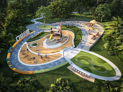 Park Landscape Featuring Children's Playground Green Trees Curved Paths and Benches 3d model