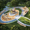 Park Landscape Featuring Children's Playground Green Trees Curved Paths and Benches