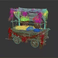 Vintage Flower Cart Decorated With Colorful Flowers Fruits And Green Vines On Wooden Wheels