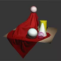 Decorative Ornament Set With Red Cloth Wooden Tray White Balls Yellow Cylinder And Transparent Cone