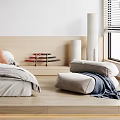 Japanese Style Bedroom Interior With Tatami Bed Wooden Floor And Decorative Paintings
