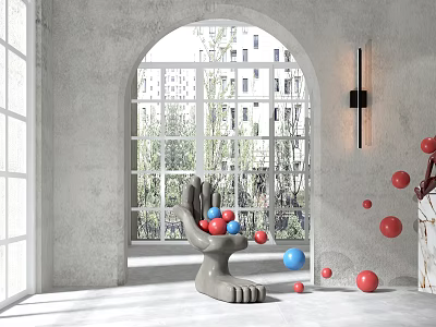 Foot Shaped Sculpture With Red And Blue Balls In Modern Interior Arched Doorway 3d model