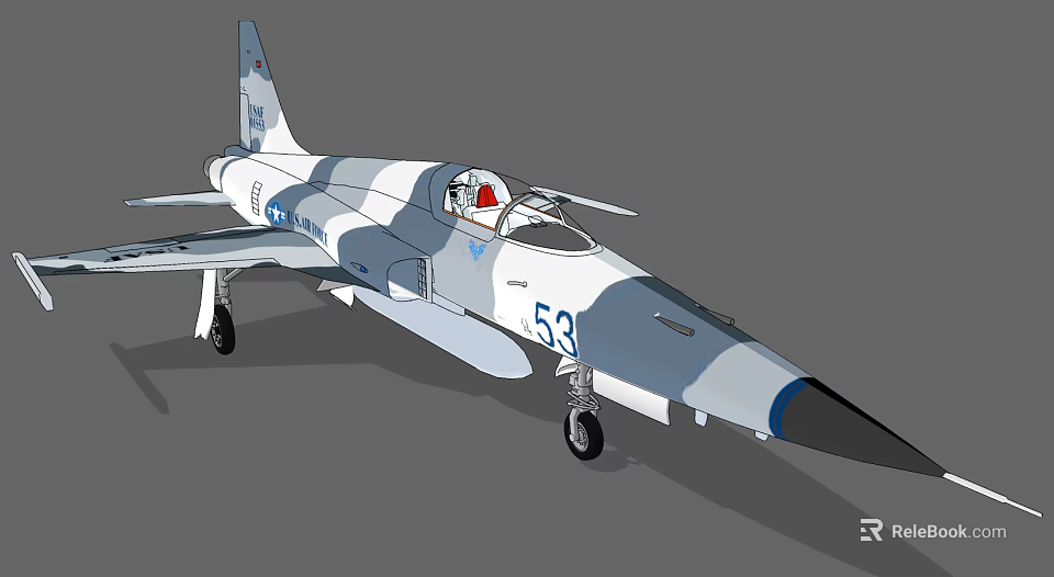 Blue And White Camouflage Fighter Jet With Number 53 Red Cockpit And Aerodynamic Design 3d model 