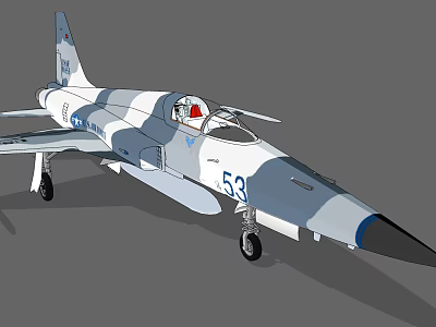 Blue And White Camouflage Fighter Jet With Number 53 Red Cockpit And Aerodynamic Design 3d model