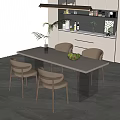 Modern Dining Table Set With Four Light Beige Chairs Green Plant Vase And Fruit Bowl
