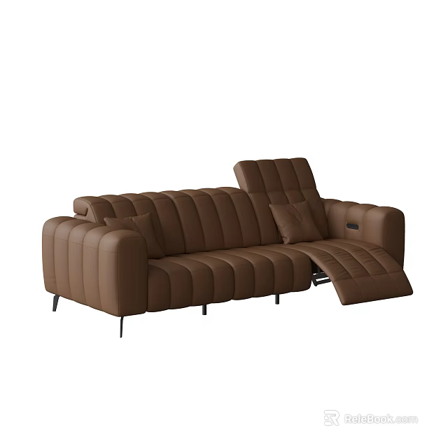 Brown Leather Multi Seat Sofa With Stitched Design Reclining Function And Comfortable Pillows 3d model 