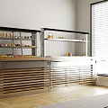 Modern Metal And Wooden Display Shelves With Fruits Bread And Beverages In Retail Store
