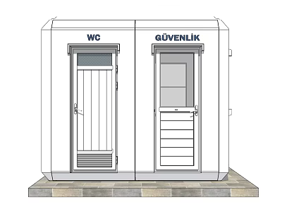 WC and Security Booth Connected Outdoor Structure With Separate Doors and Stone Base 3d model