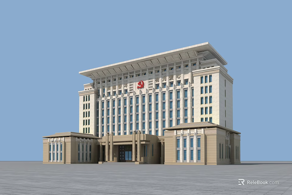 Modern Office Building With Beige Facade Column Entrance And Large Glass Windows 3d model 