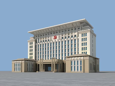 Modern Office Building With Beige Facade Column Entrance And Large Glass Windows 3d model
