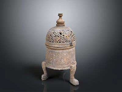 Intricate Carved Lidded Sculpture Featuring Openwork Design Three Legs And Decorative Patterns 3d model