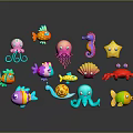 Colorful Cartoon Marine Creature Characters With Octopus Fish Seahorse Starfish And Crab