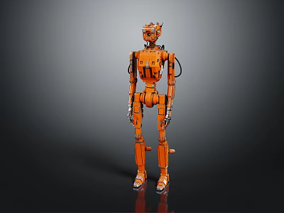 Orange Humanoid Robot With Mechanical Structure Standing On Dark Surface 3d model