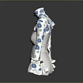 White Dress With Blue Floral Print High Neck Long Sleeves Ruffled Cuffs And Hem