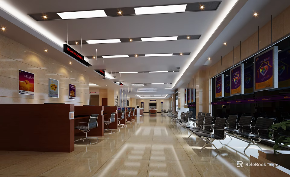 Spacious Modern Service Hall Interior With Waiting Chairs Service Counters Wall Posters And Ceiling Lights 3d model 