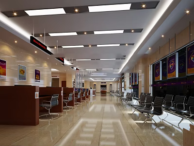 Spacious Modern Service Hall Interior With Waiting Chairs Service Counters Wall Posters And Ceiling Lights 3d model