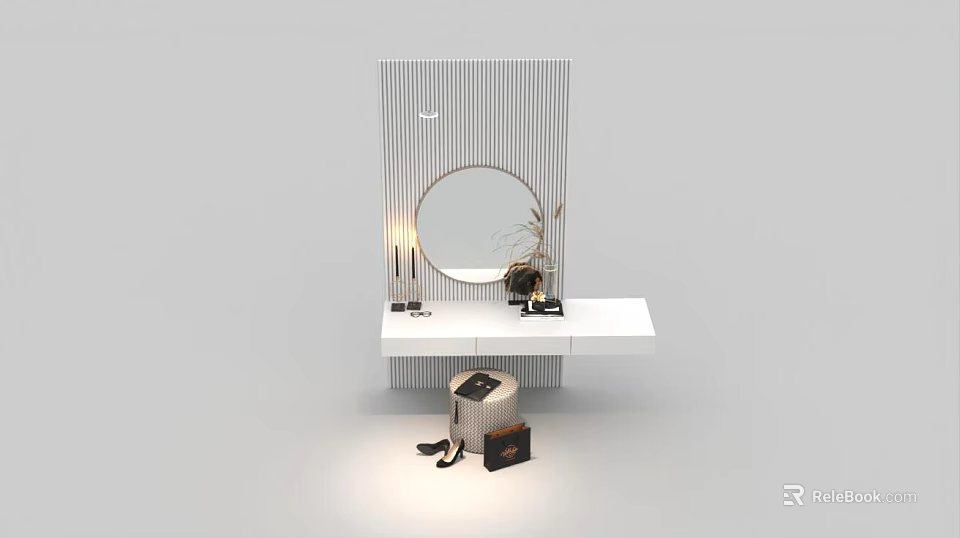 Modern White Dressing Table With Round Mirror Table Lamp And Decorative Items 3d model 