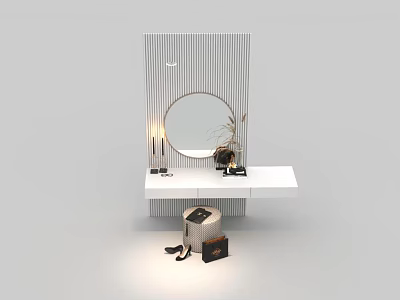 Modern White Dressing Table With Round Mirror Table Lamp And Decorative Items 3d model