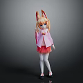 Anime Game Character With Fox Ears Pink Coat Red Skirt And White Stockings