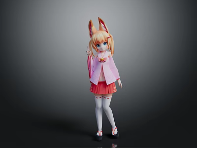 Anime Game Character With Fox Ears Pink Coat Red Skirt And White Stockings 3d model