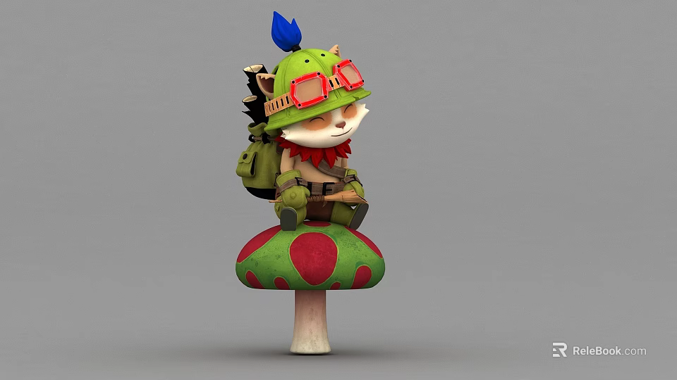 Cartoon Game Movie Character with Green Helmet Red Goggles Sitting on Green Red Spotted Mushroom 3d model 