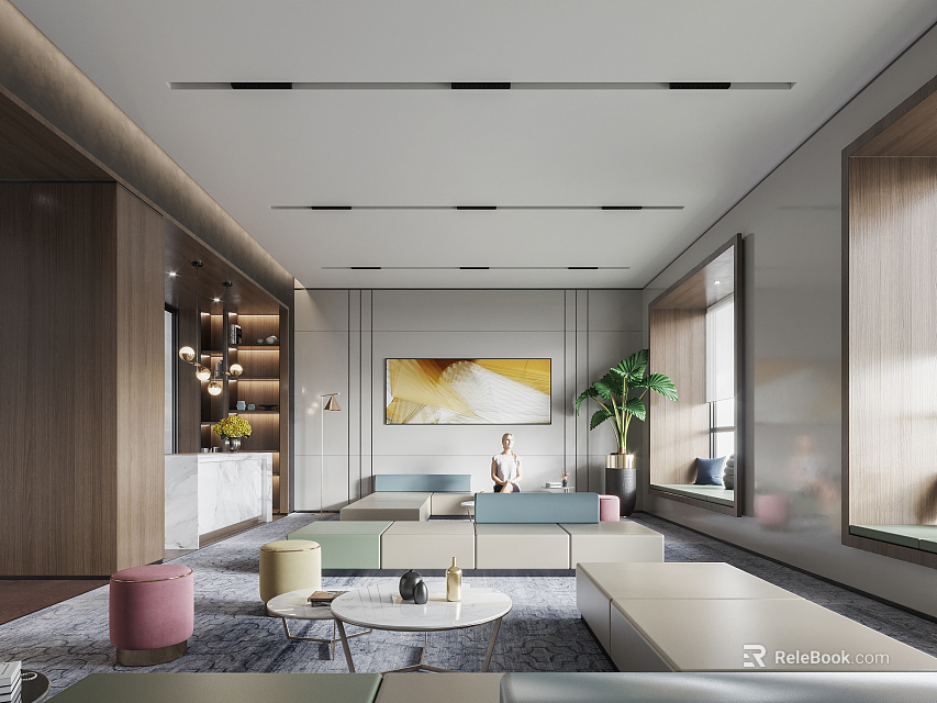 Modern Lounge Area Interior Design With Sofa Coffee Table Potted Plant And Wall Art 3d model 