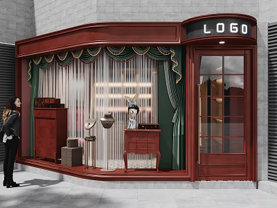 Elegant Shop Window With Red Wooden Frame Green Curtains Logo Sign And Decorative Dresser 3d model