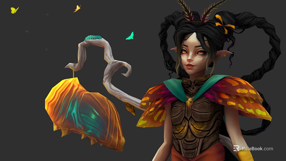 Elven Character In Colorful Winged Outfit With Antler Headdress Glowing Plant And Butterflies 3d model 