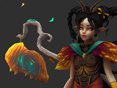 Elven Character In Colorful Winged Outfit With Antler Headdress Glowing Plant And Butterflies 3d model