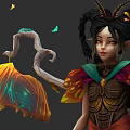 Elven Character In Colorful Winged Outfit With Antler Headdress Glowing Plant And Butterflies