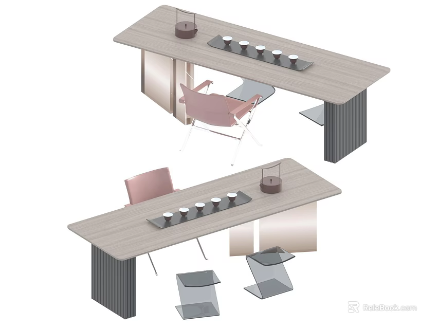 Modern Office Tables With Gray Items Brown Container And Colored Chairs 3d model