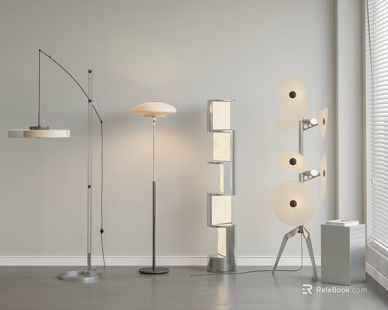 Various Modern Floor Lamps with Metal Bases and Unique Shades in Living Room 3d model 