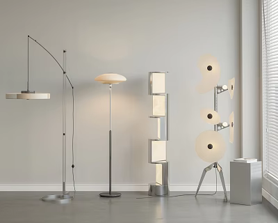 Various Modern Floor Lamps with Metal Bases and Unique Shades in Living Room 3d model